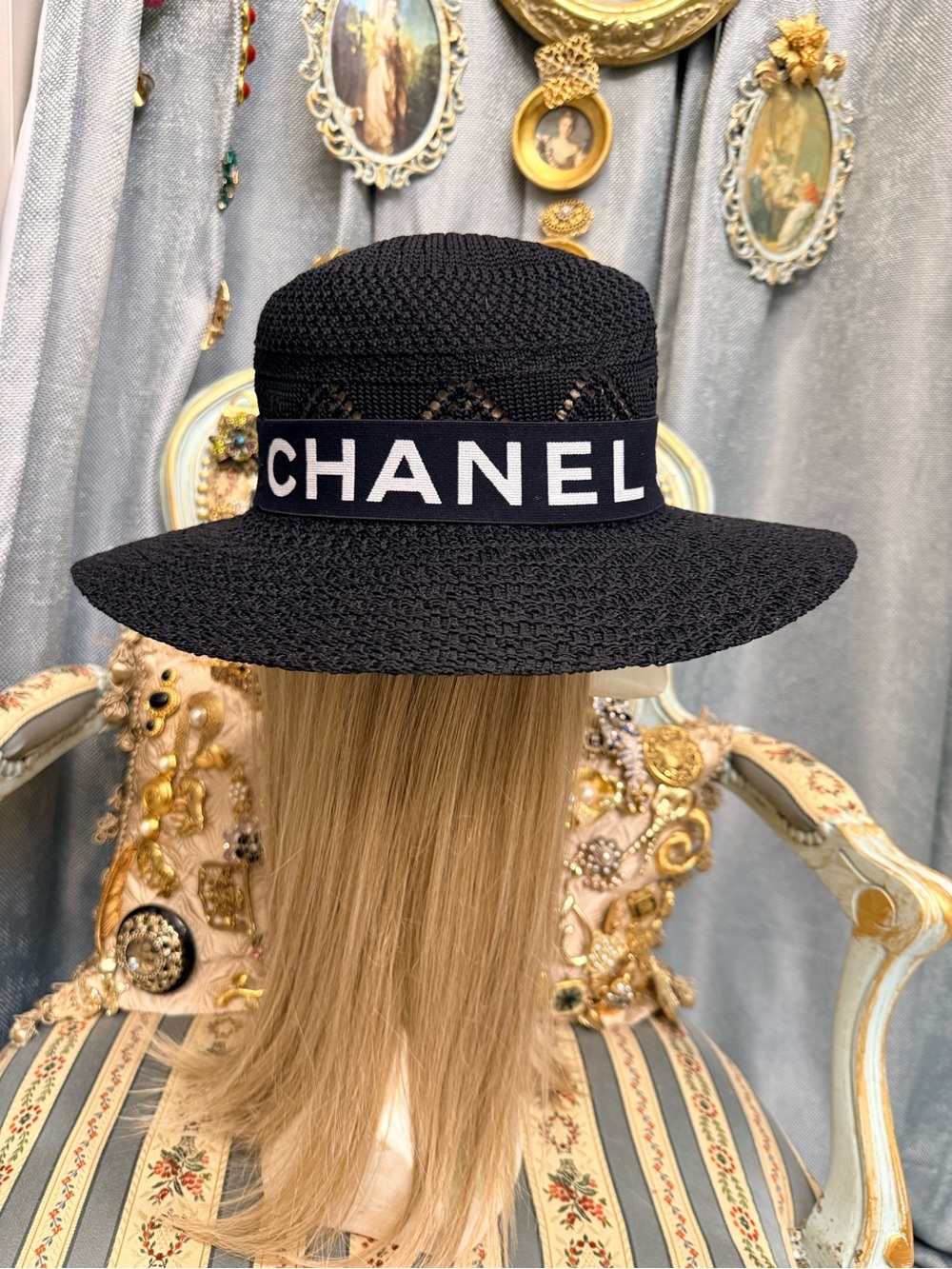 Black Raffia Wide-Brim Straw Hat with Logo Band - Picture 3 of 5